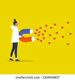 Social media marketing concept. SMM. Young female character attracting heart symbols with a huge magnet / editable flat vector illustration