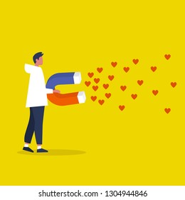 Social media marketing concept. SMM. Young male character attracting heart symbols with a huge magnet / editable flat vector illustration