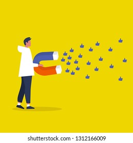 Social media marketing concept. SMM. Young male character attracting like symbols with a huge magnet / editable flat vector illustration
