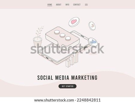 Social media marketing concept. SMM e-marketing and digital promotion. Flat design vector e-commerce social media marketing landing page template