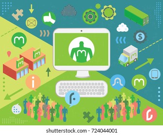 Social media marketing concept with tech and shopping icons, with infographics elements and grunge texture.