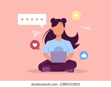 Social media marketing concept. Vector of an influencer using laptop computer 