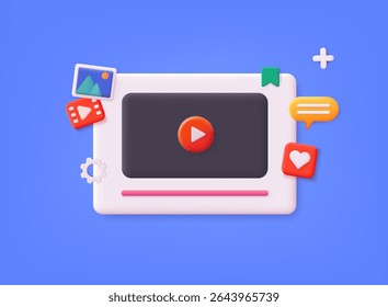 Social Media Marketing concept. Video channel online. Diverse users engage with content, highlighting online interaction. User-generated posts with dynamic engagement. 3D Web Vector Illustrations. 