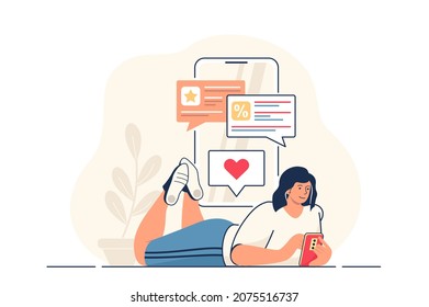 Social media marketing concept for web banner. Woman published post, makes advertising campaign, online promotion modern person scene. Vector illustration in flat cartoon design with people characters