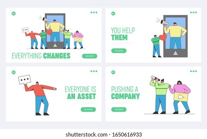 Social Media Marketing Concept. Website Landing Page. Creative People Looking For Ideas, Ways To Promote Materials In Social Networks. Cartoon Outline Linear Flat Vector Illustrations