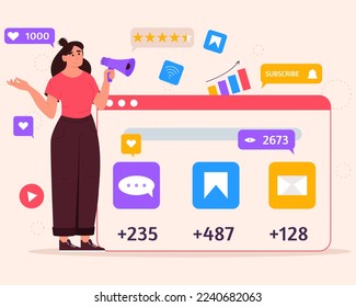 Social media marketing concept with woman with megaphone and icons of SMM. Young woman managing SMM strategy processes. Flat vector illustration.