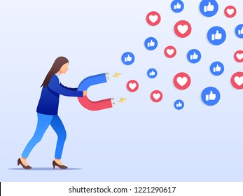 Social media marketing concept. Young businesswoman attracting likes and loves with a huge magnet. Flat design. Vector illustration