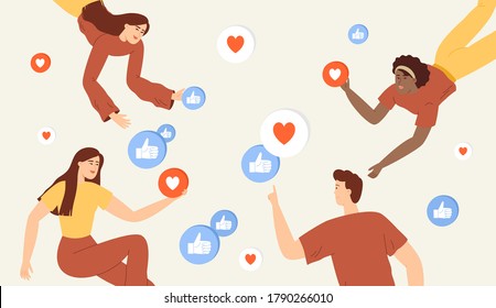 Social media marketing concept. Young people get or give likes. Vector illustration in flat style