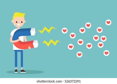 Social media marketing concept. Young blonde boy attracting likes with a huge magnet / editable flat vector illustration