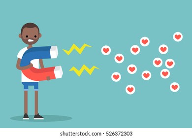 Social media marketing concept. Young black man attracting likes with a huge magnet / editable flat vector illustration
