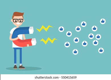 Social media marketing concept. Young nerd attracting likes with a huge magnet / editable flat vector illustration