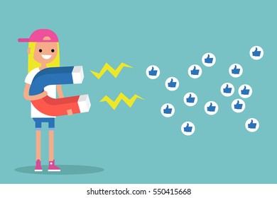 Social media marketing concept. Young blonde girl attracting likes with a huge magnet / editable flat vector illustration