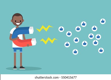Social media marketing concept. Young black man attracting likes with a huge magnet / editable flat vector illustration