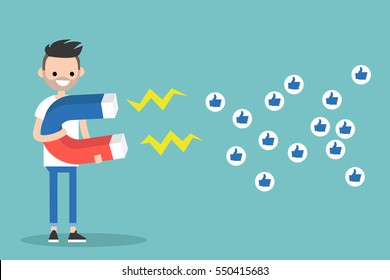 Social media marketing concept. Young bearded man attracting likes with a huge magnet / editable flat vector illustration