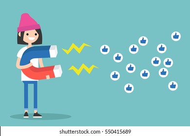 Social Media Marketing Concept. Young Brunette Girl Attracting Likes With A Huge Magnet / Editable Flat Vector Illustration