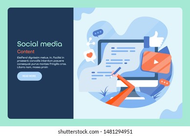 Social media marketing, Content marketing, Sharing video on Social network - creative vector landing page template for website and blog