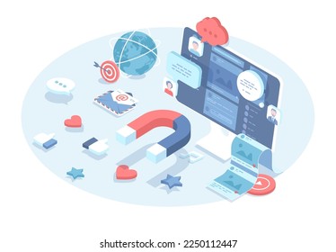 Social media marketing. Creating viral social media content. Attracting new customers, promotes business. Vector illustration in 3d design. Isometric web banner.	
