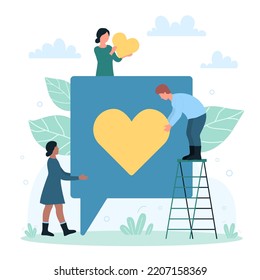 Social media marketing and customer response. Cartoon tiny people holding hearts, audience giving likes to trend digital content flat vector illustration. Influence, feedback of community concept