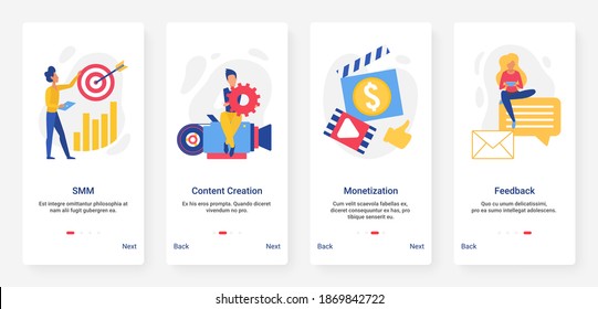 Social media marketing, customer smm target, monetization of creative content vector illustration. Mobile app page onboard screen set with cartoon flat marketer people work for business development