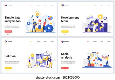 Social media marketing, data analysis technology vector illustrations. Creative concept interface website design, banners with flat cartoon modern analyzing development service and tech database tools