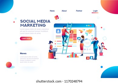 Social media marketing development, customer analysis, content analytics. Analyzing professional audience, advertisement like. Advertising target concept. Character, flat isometric vector illustration