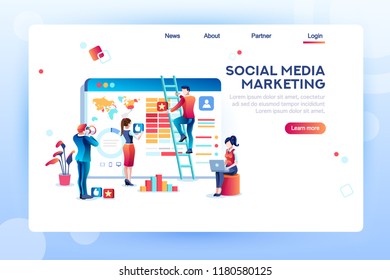 Social media marketing development, customer analysis, content analytics. Analyzing professional audience, advertisement like. Advertising target concept. Character, flat isometric vector illustration