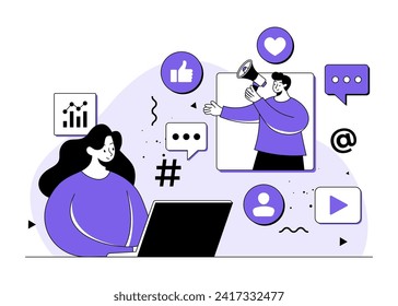 Social media marketing, Digital marketing, Endorsement, Endorse, E-commerce, Business concept flat illustration, Social media campaign, Seo optimization, Native advertising, content marketing