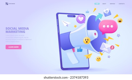 Social media marketing, digital marketing, loudspeaker in smartphone with icons and emoji. 3d design concept for landing page. Three dimensional vector illustration for website, print, banner