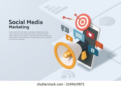 Social Media Marketing Or Digital Marketing Is For Web Banners With Megaphones And Social Media Icons Floating On Mobile Phone On White Gray Background. 3d Isometric Vector Illustration