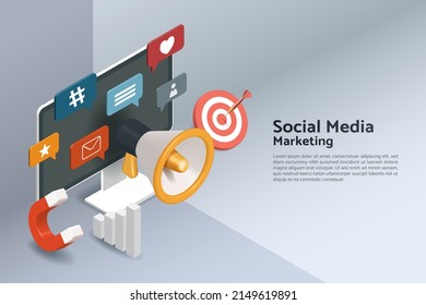 Social media marketing or digital marketing is for web banners with megaphones and social media icons floating on screen computer on white gray background. 3d isometric vector illustration