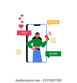 Social Media Marketing With Female Influencer And Smartphone Displaying Engagement Icons In Flat Vector Illustration About Digital Marketing And Online Strategy, Isolated On White Background