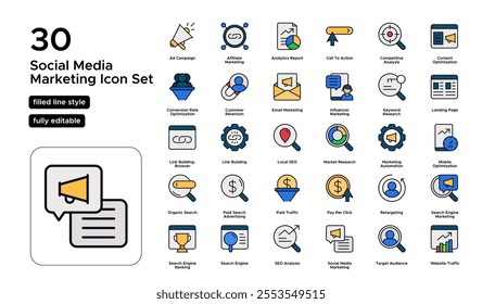 Social Media Marketing Filled Line Icon Set: Engagement, Analytics, Content Creation, and Community Management Icons