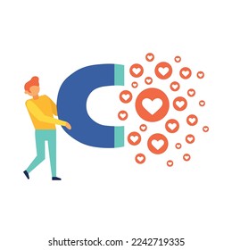 Social media marketing flat concept with man attracting likes with magnet vector illustration