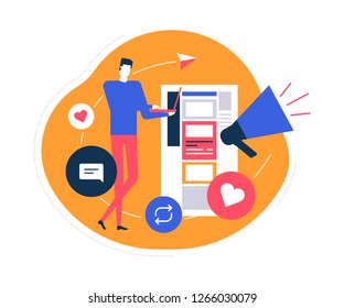 Social media marketing - flat design style colorful illustration on white background. High quality composition with male SMM specialist working at laptop. Like, chat, refresh page buttons, megaphone