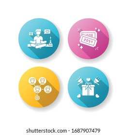 Social media marketing flat design long shadow glyph icons set. Lifestyle guru. Raffle tickets with numbers. Mass effect connection. Product promotion. Silhouette RGB color illustration