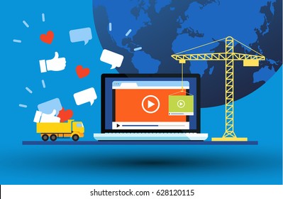 Social media marketing. Flat design of video blog under construction, building process. Vector illustrations for web banners and promotional materials.