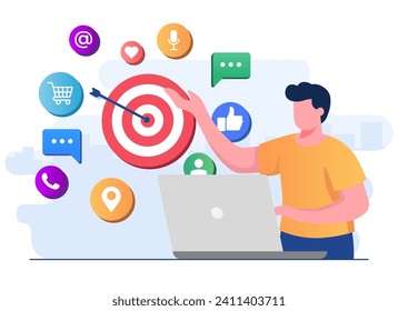 social media marketing flat illustration vector concept, Promotion strategy and advertising online, Digital marketing, Male character with marketing elements