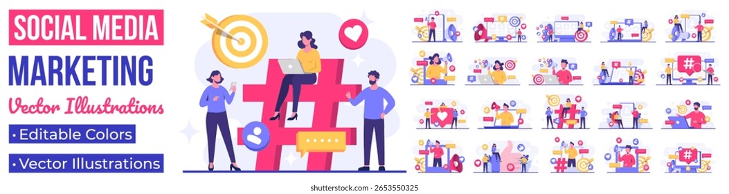 Social media marketing flat illustration for web banner, landing page, mobile app. Set of digital advertising concepts, Social media, Networking, Influencer marketing, E-commerce, Promotion Campaign