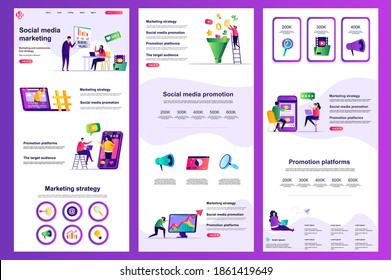Social media marketing flat landing page. Marketing strategy, promotion platform corporate website design. Web banner with header, middle content, footer. Vector illustration with people characters.