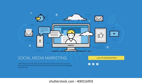 Social media marketing flat line design vector illustrations for web banners, hero images, web sites and landing pages with call to action button. Ready to use