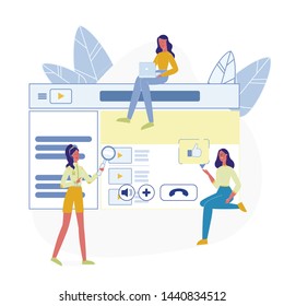 Social Media Marketing Flat Vector Illustration. Colleagues, Female Marketers Cartoon Characters. Web Designer, Website Developer Profession. Advertising Business, Internet Marketing Campaign
