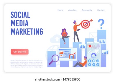 Social media marketing flat vector landing page template. SMM, SEO, digital advertising strategy website homepage concept. Marketers team, promotional Internet campaign web banner layout
