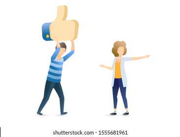 Social media marketing flat vector illustration. Man carrying thumbs up sign and young woman cartoon characters. Influencer manipulating public opinion. SMM business, viral marketing concept.