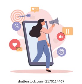 Social media marketing. Girl with loudspeaker next to smartphone. Modern technologies and promotion of goods on Internet. Woman calling friends to buy products. Cartoon flat vector illustration