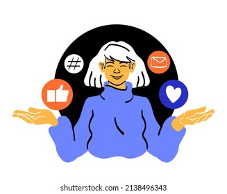 Social media marketing. Girl monitors activity on several pages. SMM specialist at work, modern world and digital technologies. Friendly and welcoming character. Cartoon flat vector illustration