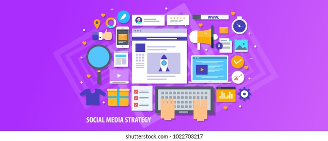 Social Media, Marketing Goals, Digital Marketing Strategy Flat Design Conceptual Banner With Icons