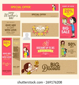 Social media and marketing header or banner set of Big Sale with discount offer for Happy Mother's Day celebration.