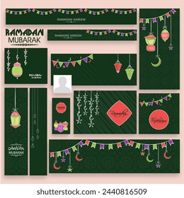 Social media and marketing headers, posts, ads or banners for holy month of muslim community, Ramadan Kareem celebration.