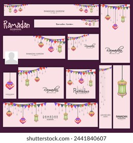 Social media and marketing headers, posts, ads or banners for holy month of muslim community, Ramadan Kareem celebration.