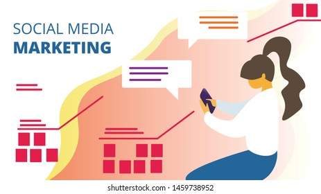 Social Media Marketing Horizontal Banner. Woman with Smartphone. Public Relations, Communication, Pr Agency Alert Propaganda, Promotion. Internet Business Technologies Cartoon Flat Vector Illustration